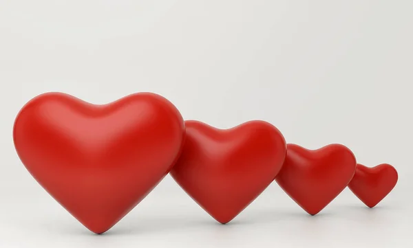 Quatro corações vermelhos no fundo branco. Renderização 3d — Fotografia de Stock
