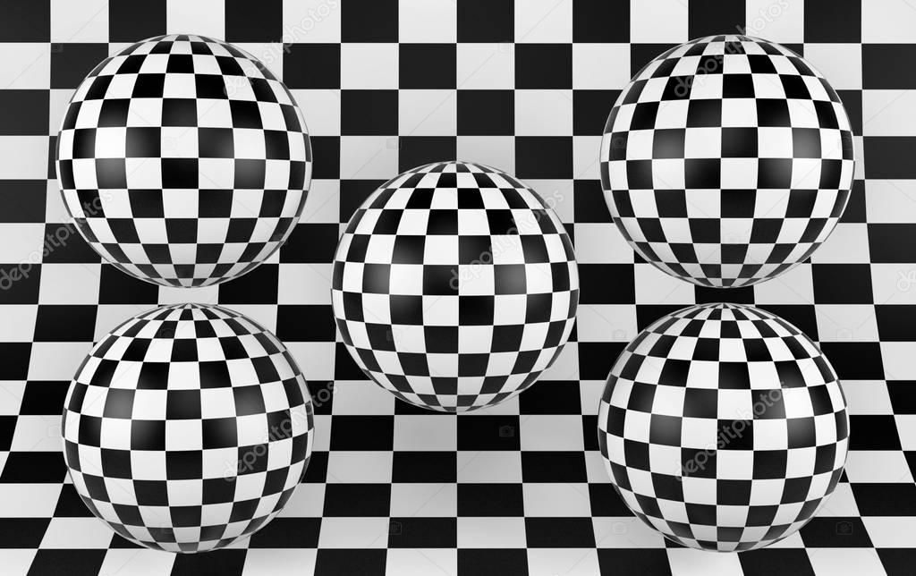 Black and white checker background with five spheres. 3d render