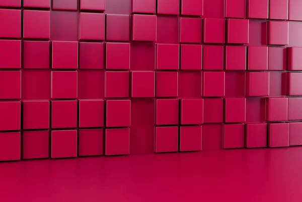 Abstract background wall of red cubes and red floor. 3d render