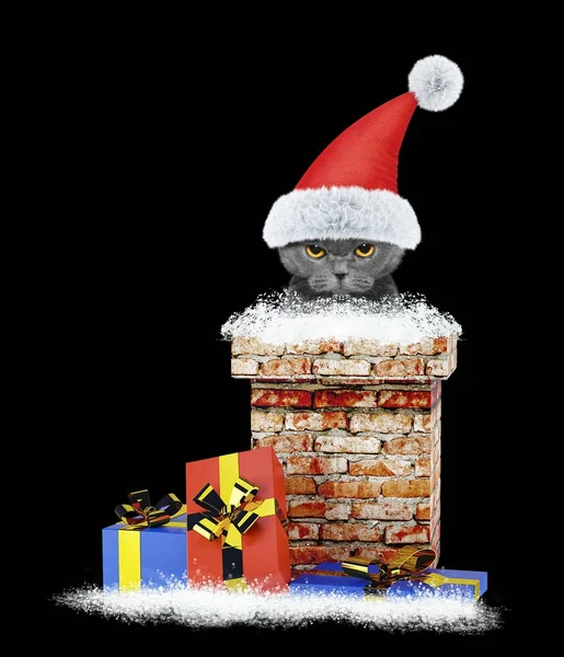 O gato zangado do Pai Natal sai da chaminé. Isolado em preto — Fotografia de Stock