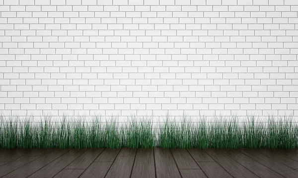 Tuğla duvar ve ahşap zemin zemin üzerine yeşil çim. 3D render — Stok fotoğraf