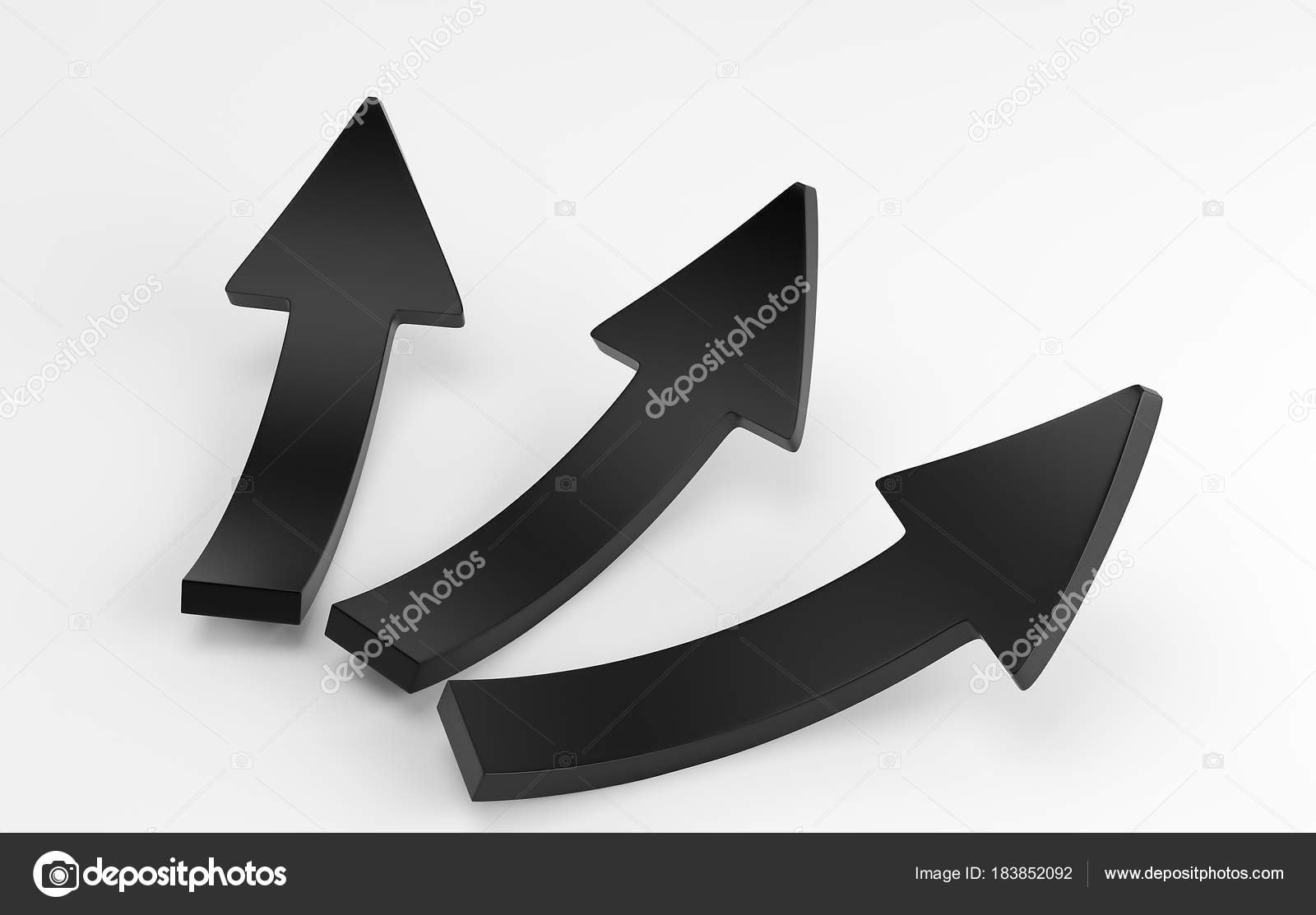 Three black arrows laying down on white background. 3d render Stock