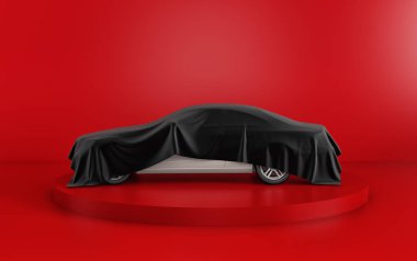 Yeni beyaz araba kırmızı zemin üzerine siyah örtüsü altında gizli. 3D render