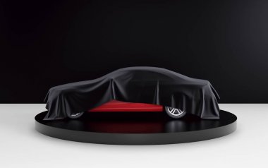 Yeni kırmızı araba siyah ve beyaz arka plan üzerinde siyah örtüsü altında gizli. 3D render