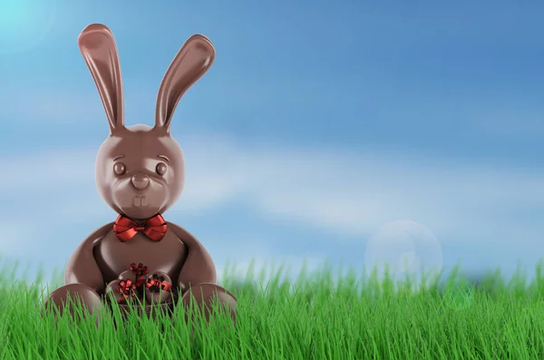 Conejo de Pascua de chocolate con huevos y nudo rojo. 3d renderizar — Foto de Stock