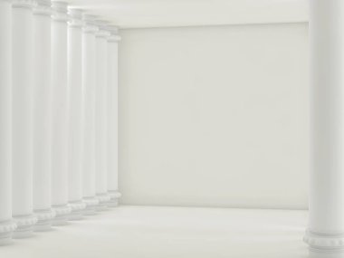 Beyaz tuğla duvarlar ve sütunları boş ışık Oda. 3D render