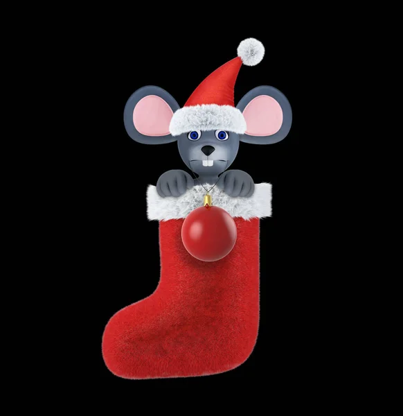ネズミの年だ新年のご挨拶2020年。バナー、チラシ、はがき。黒に隔離されたボールとクリスマスの靴下の中のマウス。3Dレンダリング — ストック写真