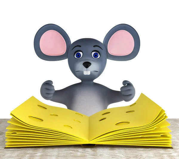 Leuke muis en plakjes kaas gevouwen als een boek op een witte houten tafel geïsoleerd op wit. 3d renderen — Stockfoto