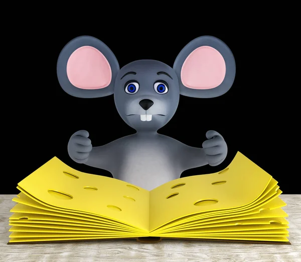 Şirin bir fare ve siyah üzerine izole edilmiş beyaz ahşap bir masanın üzerindeki kitap gibi katlanmış peynir dilimleri. 3d hazırlayıcı — Stok fotoğraf