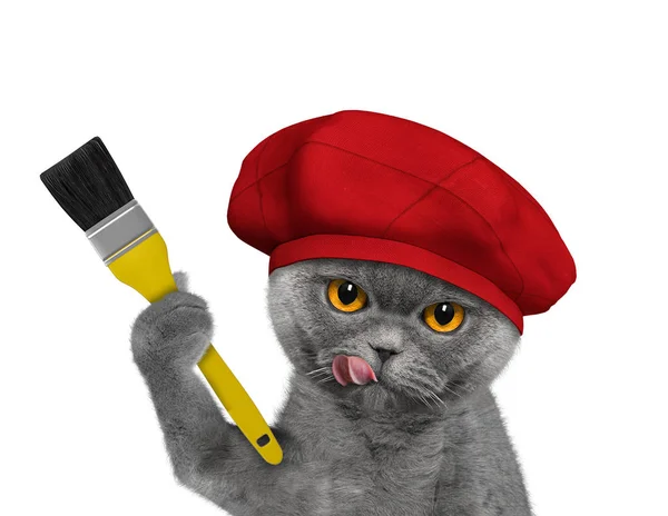 Cute cat as a painter with a brush. Isolated on white — 图库照片