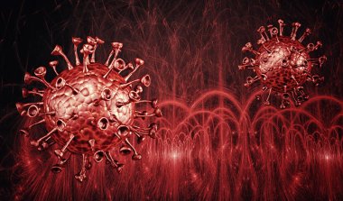 Coronavirus 'un mikroskobik görüntüsü, solunum yoluna saldıran bir patojen. Analiz ve test, deneyler. Sars. 3d hazırlayıcı