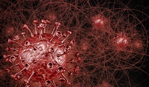 Vista microscópica del Coronavirus, un patógeno que ataca el tracto respiratorio. Análisis y prueba, experimentación. Sars. 3d renderizar — Foto de Stock