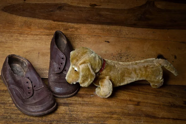 Old children shoes and a toy dog on wooden floor — Stock Photo, Image