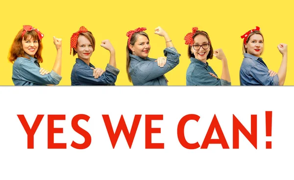 Women with a clenched fist rolling up their sleeves on yellow and white background with sign Yes We Can. — Stock Photo, Image