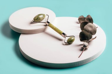 Yüz kristal silindirli masaj aleti ve beyaz yuvarlak tahtalarda okaliptüs dalı..