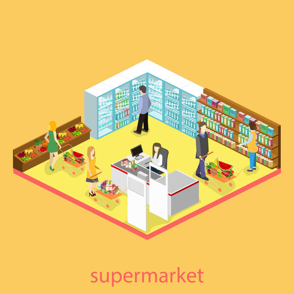 Isometric interior of grocery store