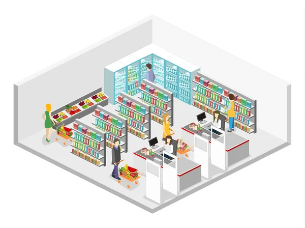 Interior isométrico de la tienda de comestibles — Vector de stock