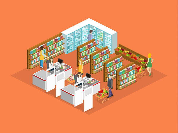 Isometric interior of grocery store