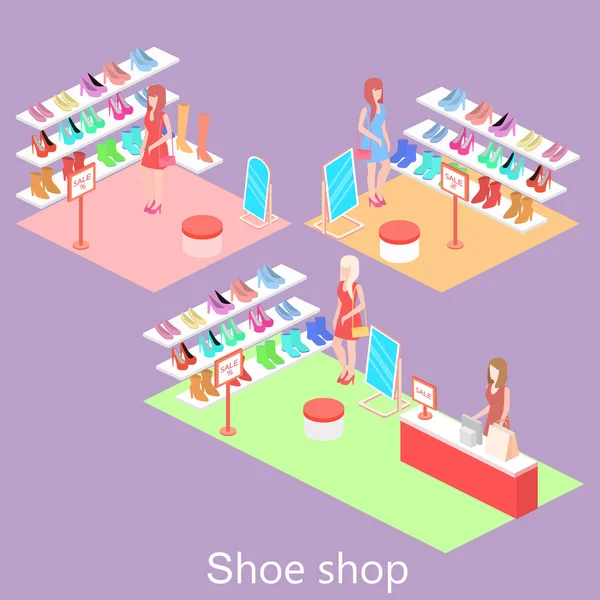 Izometryczne wnętrza buta sklep — Wektor stockowy