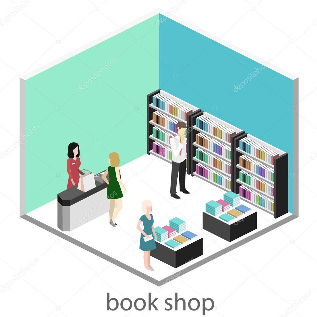 Isometric interior of book shop