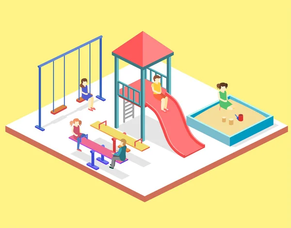 Children playing with parents on kids playground with game equipment.  Isometric cartoon vector illustration with 3d little people. Playground  isometry with swing and slide Stock Vector Image & Art - Alamy