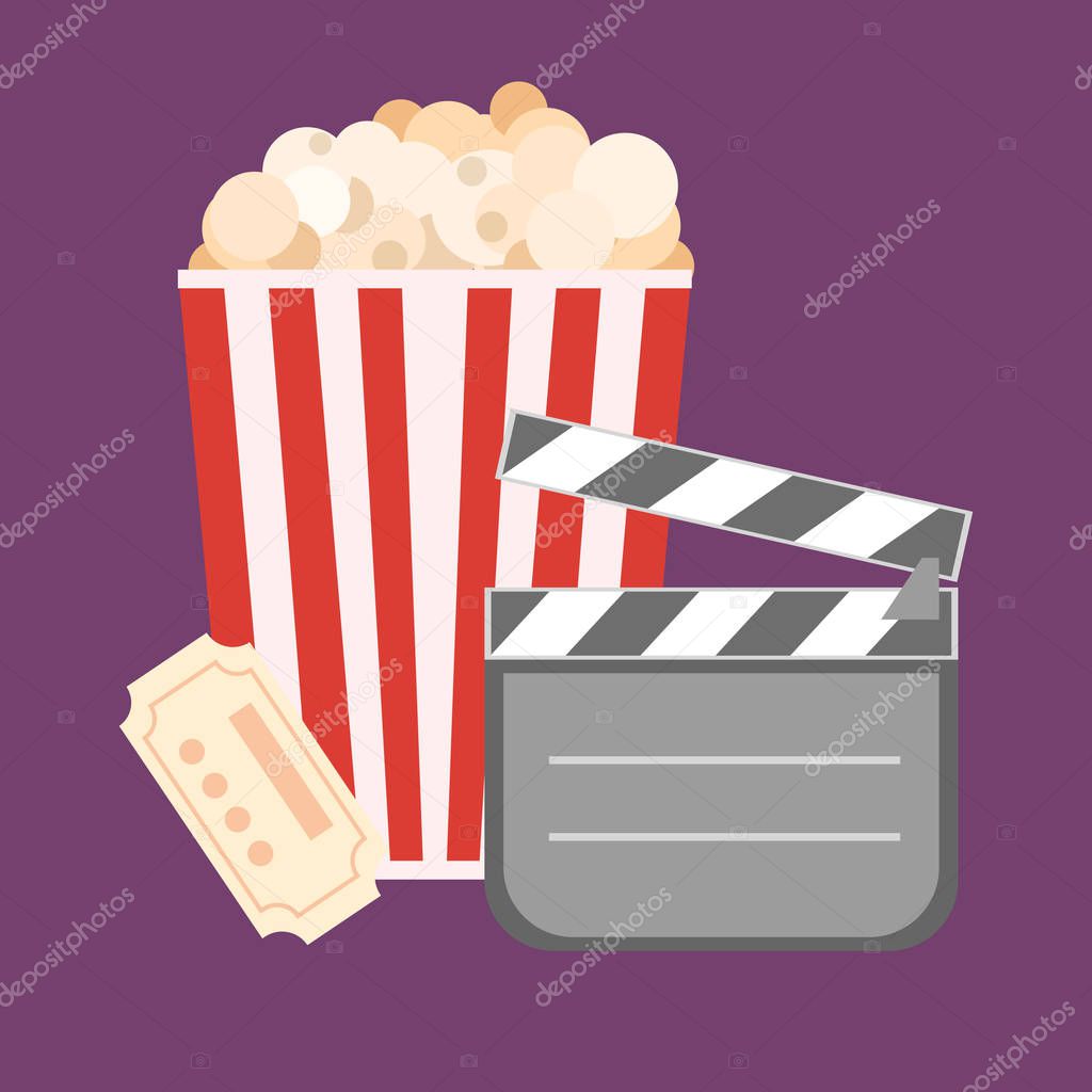 Popcorn for movie theater and online cinema reel on blue background. Eps10 vector illustration. Paper package full of jumping popcorns and film tape for cinematography.