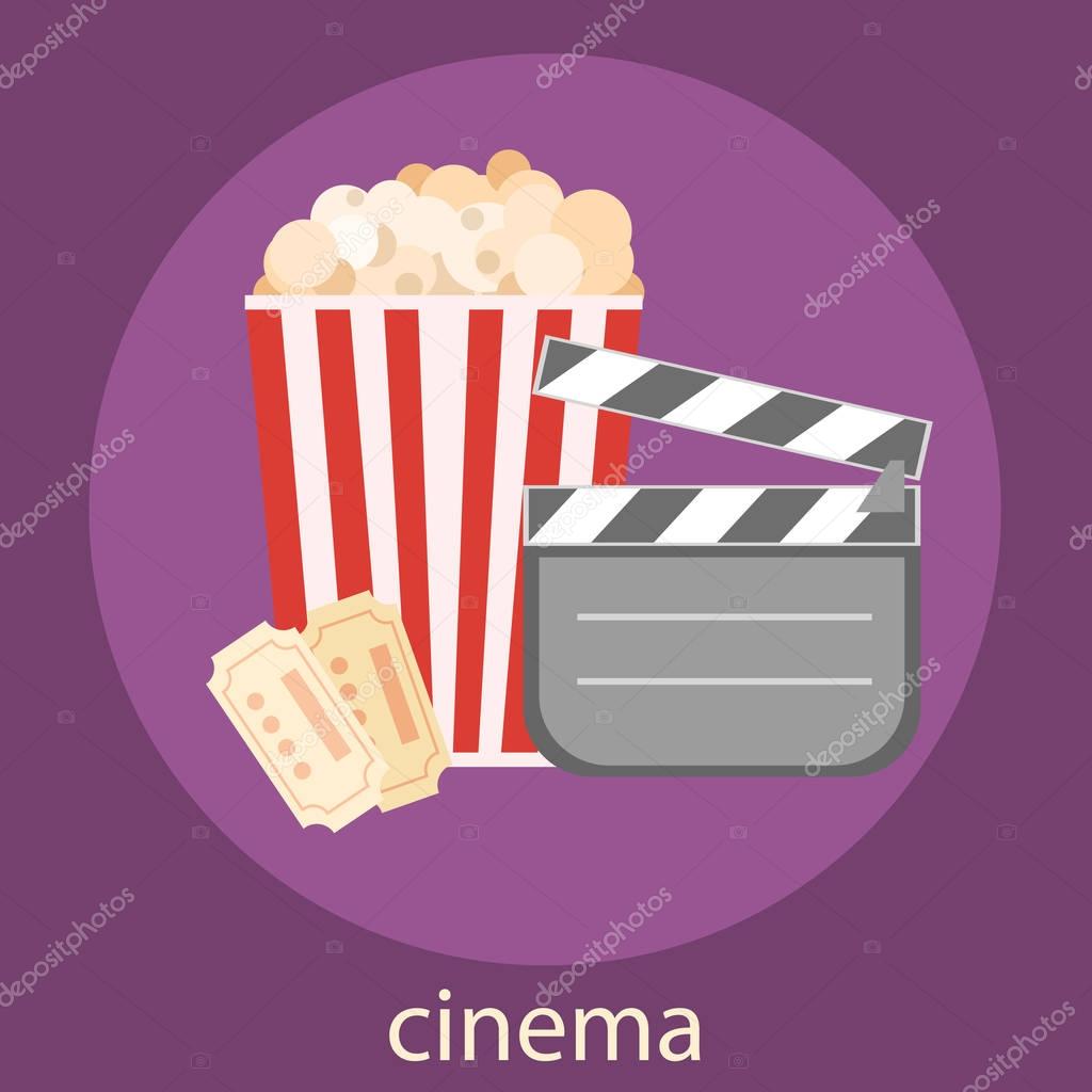 Popcorn for movie theater and online cinema reel on blue background. Eps10 vector illustration. Paper package full of jumping popcorns and film tape for cinematography.