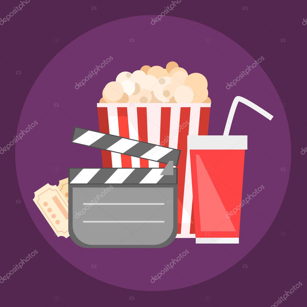 Popcorn for movie theater and online cinema reel on blue background. Eps10 vector illustration. Paper package full of jumping popcorns and film tape for cinematography.