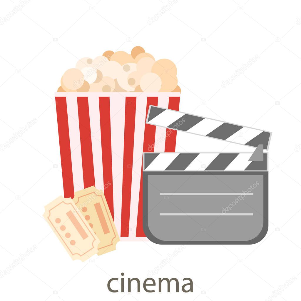 Popcorn for movie theater and online cinema reel on blue background. Eps10 vector illustration. Paper package full of jumping popcorns and film tape for cinematography.