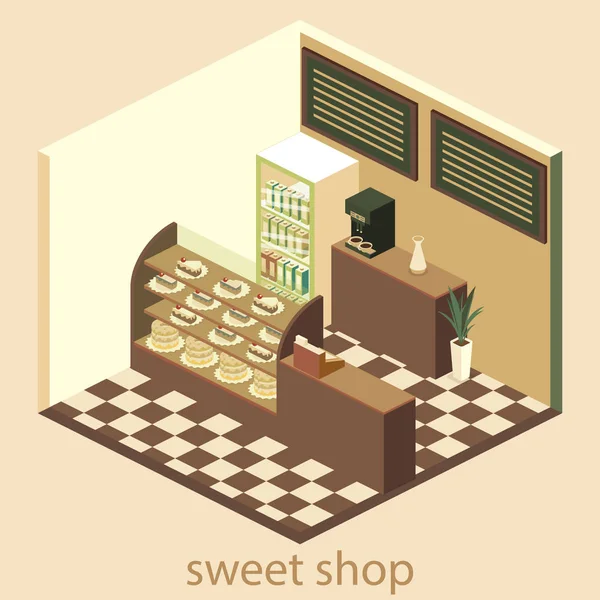 Isometric interior of sweet-shop. — Stock Vector