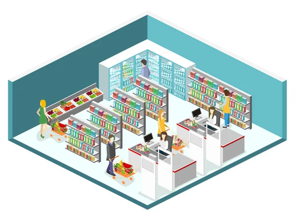 Interior isométrico de la tienda de comestibles — Vector de stock