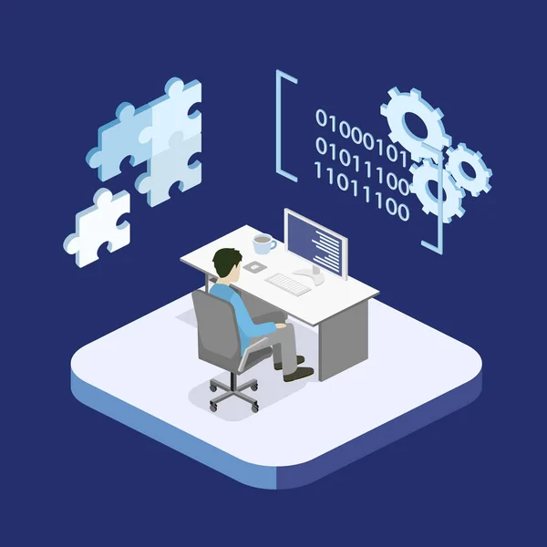 Programador isométrico en la oficina — Vector de stock