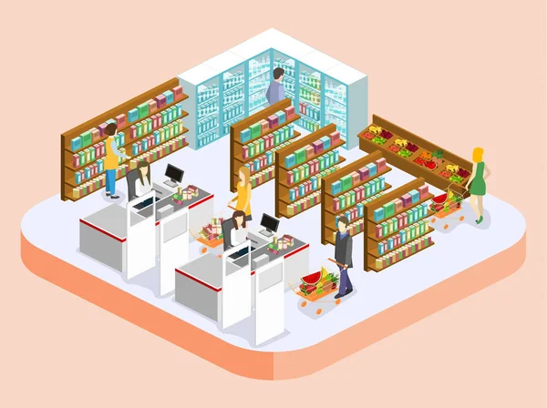 Interior isométrico de la tienda de comestibles — Vector de stock