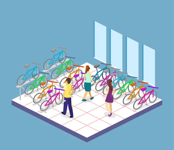 Isometric 3D intérieur du magasin de vélo — Image vectorielle