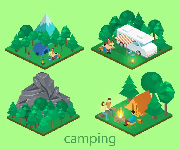 Peisaj izometric pentru camping . — Vector de stoc