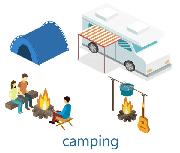 Peisaj izometric pentru camping . — Vector de stoc