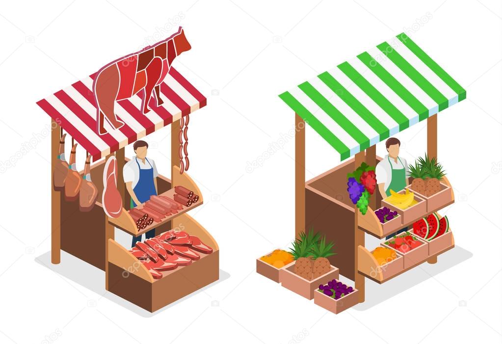 Isometric flat 3D isolated concept vector Butcher shop. The pieces of meat are sold on the show-window