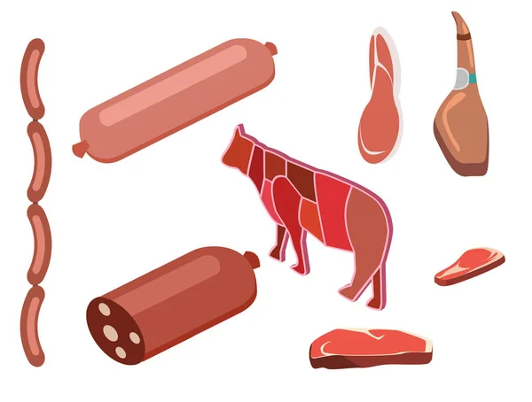 Conjunto de diferentes produtos à base de carne . —  Vetores de Stock