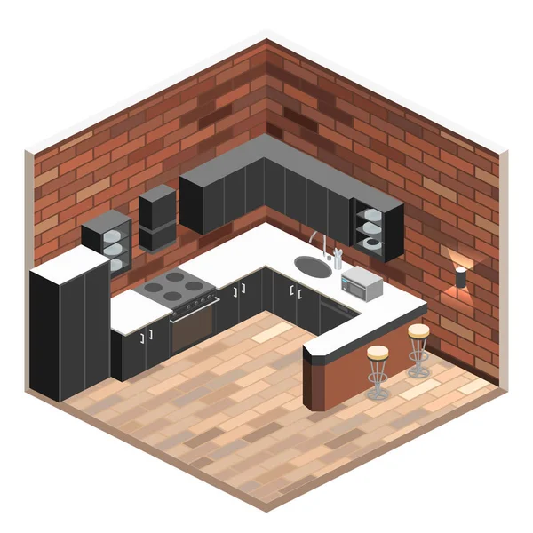Keuken interieur in isometrische weergave — Stockvector