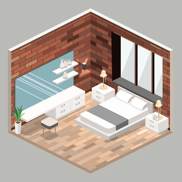 Dormitorio moderno interior isométrico — Vector de stock