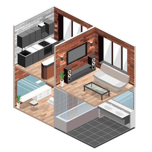 Apartamentos loft isométricos con cocina — Vector de stock