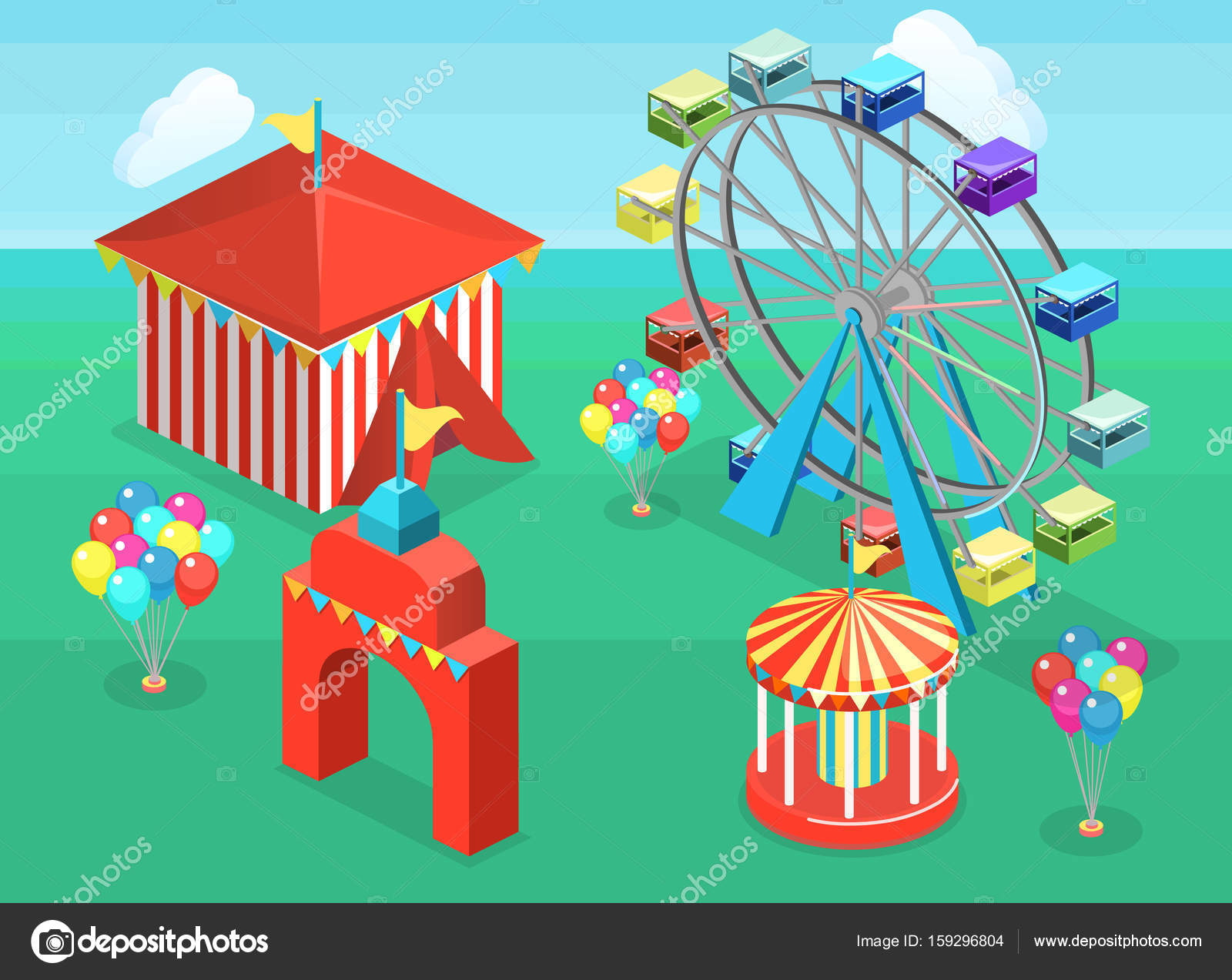 Disegno di illustrazione vettoriale di isometrica parco giochi con giostra — Vettoriali di reenya