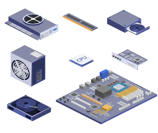 Isometric konsep datar dari bagian komputer - Stok Vektor