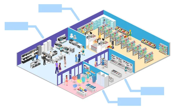 Isometrisches Einkaufszentrum im Inneren — Stockvektor