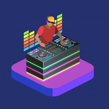 Isometric illustration of DJ playing vinyl clipart