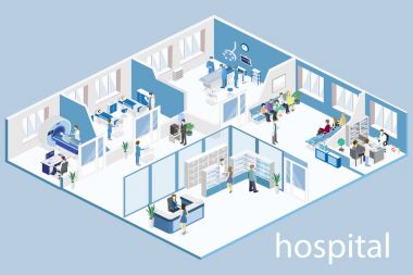 Hastane odası, eczane, Doktor Ofisi, bekleme odası, Resepsiyon, MRI, işletim izometrik düz iç. Hastayı tedavi doktorlar. Düz 3d illüstrasyon vektör