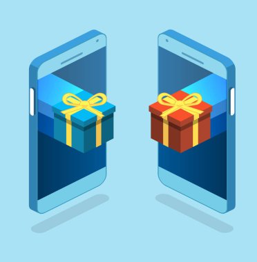 İzometrik düz 3d izole kavramı vektör online sipariş kavramsal kompozisyon c hediye kutusu üzerine telefon ile değmek perde