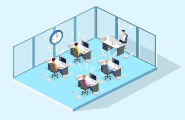 İzometrik düz 3d izole kavramı çok çalışan adam kavramı son tarih. Çalışma Zamanı.