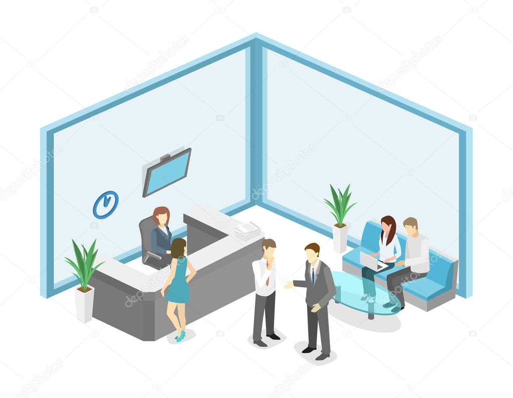 Isometric interior of reception. Flat 3D real illustration of waiting room