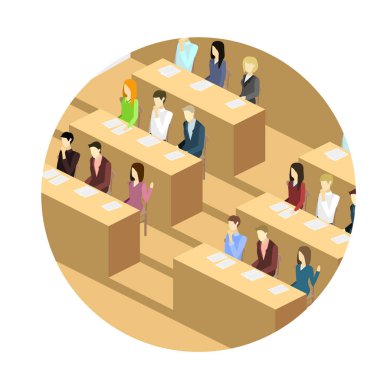 İzometrik düz 3d konsept iç Üniversitesi oditoryum vektör. Masaları oturma ve öğretmen için dinleme öğrenciler. eğitim öğretim